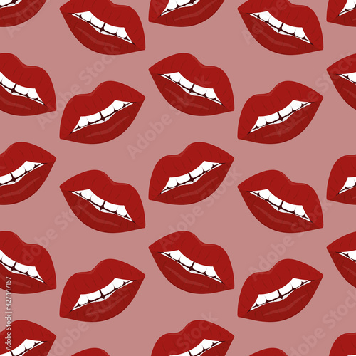 Plump lips. The seductive mouth is slightly open. Repeating vector pattern. Seamless seductive ornament. Endless background of kisses. Isolated blue background. Flat style. An even row of teeth.