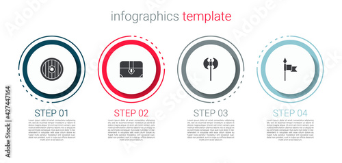 Set Round wooden shield, Antique treasure chest, Medieval axe and spear. Business infographic template. Vector