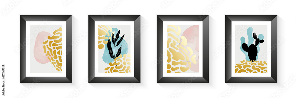 Botanical set of wall artwork posters. Abstract gold leopard pattern shapes in boho style earth tones. Plants design for print, covers, wallpapers, stories and web. Minimal and natural art vector