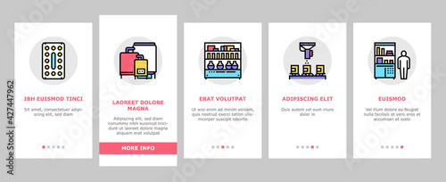 Medical Drugs Production Factory Onboarding Mobile App Page Screen Vector. Pharmaceutical Production Medicine Production Machine And Equipment Collection Illustrations