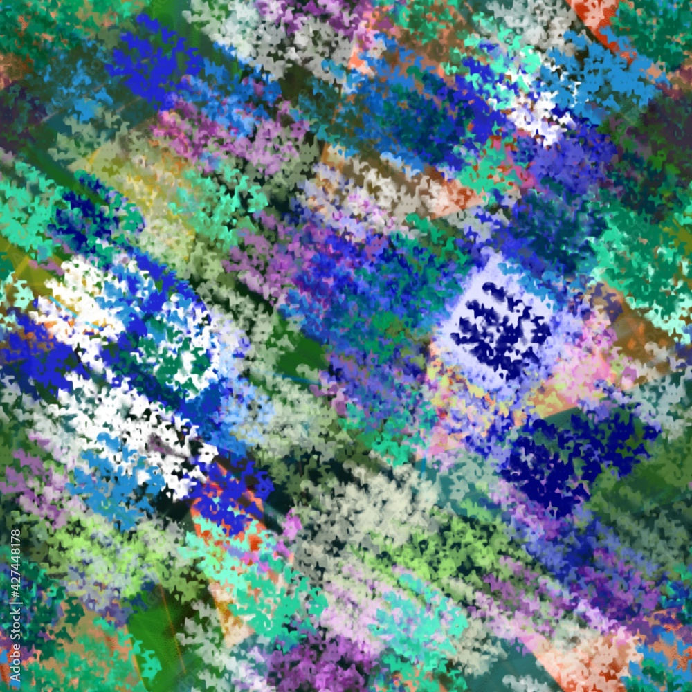 Seamless pattern of abstract blue and green elements for textiles.