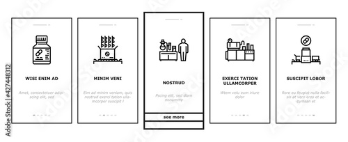 Medical Drugs Production Factory Onboarding Mobile App Page Screen Vector. Pharmaceutical Production Medicine Production Machine And Equipment Collection Illustrations