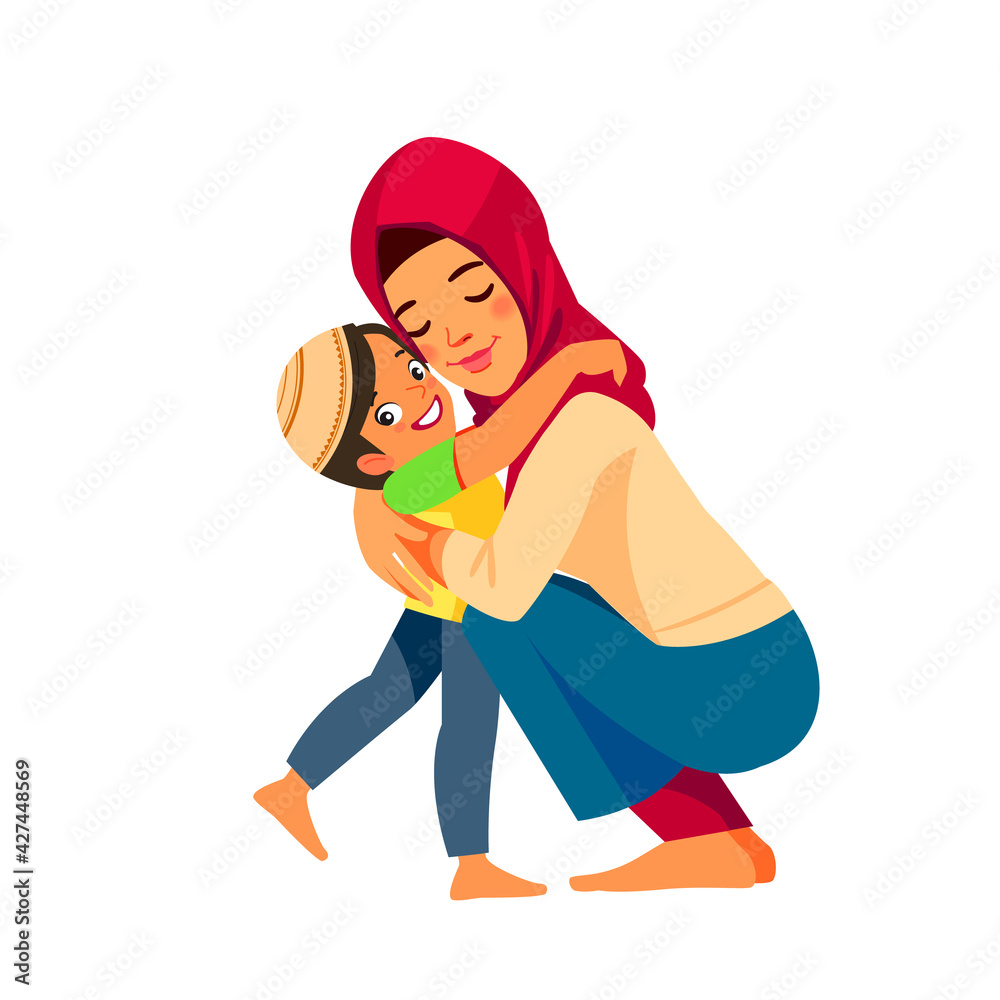 Muslim mother and child. Mom hugging her son with a lot of love and  tenderness. Mother's day, holiday concept. Cartoon flat isolated vector  design illustration. Stock Vector | Adobe Stock