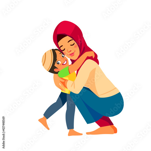 Muslim mother and child. Mom hugging her son with a lot of love and tenderness. Mother's day, holiday concept. Cartoon flat isolated vector design illustration.