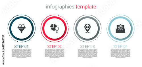 Set Lead management, Magnifying glass and analysis, Target sport and Mail e-mail. Business infographic template. Vector