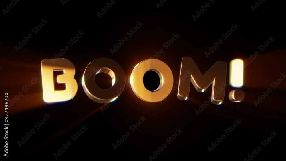Word boom in 3d cartoon style. Design text element for game, branding. Flying and rotating object. Bright dynamic animation on simple background.