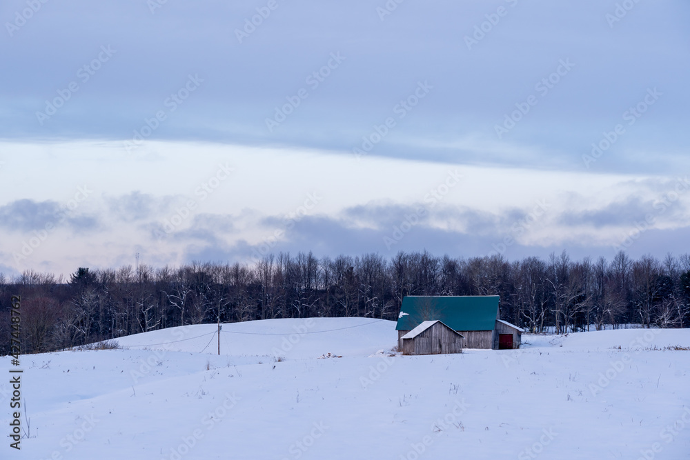 Barn in Snow Covered Meadow