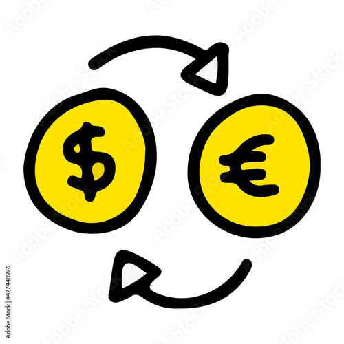 Currency exchange concept with arrows and coins with dollar and euro sign hand drawn doodle isolated.