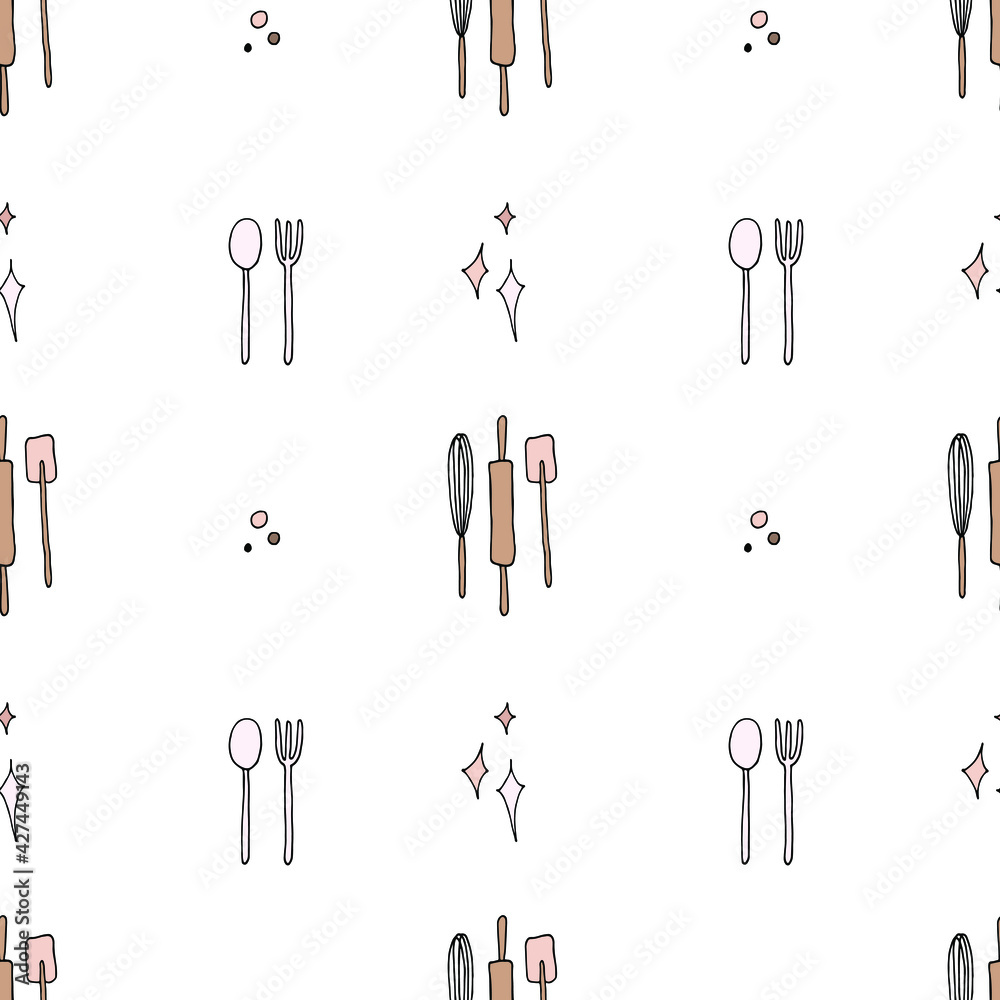 Vector seamless pattern with kitchen tools. Hand drawn illustration. Repeat ornament is perfect for pastry shop design, cafe menu, confectioner label, postcard, poster, fabric textile Vector seamless pattern with kitchen tools. Hand drawn illustration. Repeat ornament is perfect for pastry shop design, cafe menu, confectioner label, postcard, poster, fabric textile
