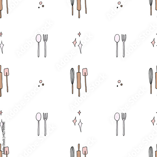 Vector seamless pattern with kitchen tools. Hand drawn illustration. Repeat ornament is perfect for pastry shop design, cafe menu, confectioner label, postcard, poster, fabric textile