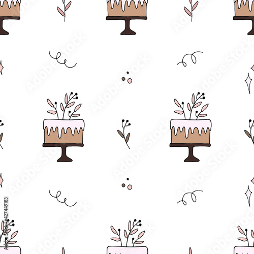 Vector seamless pattern with pie. Hand drawn illustration. Cake ornament is perfect for pastry shop design, cafe menu, confectioner card, label, postcard, poster, fabric textile