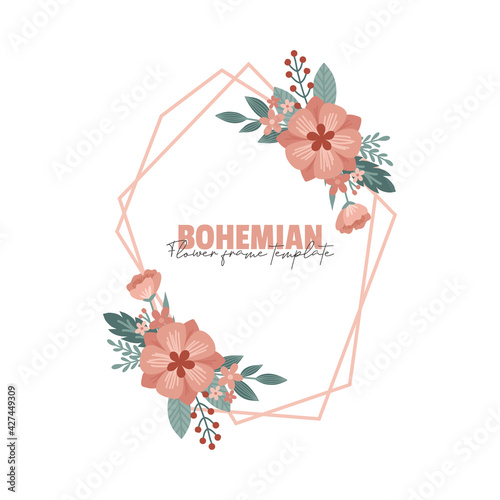 Boho floral frame, Hand drawn flowers, Botanical composition, Decorative bohemian element for wedding card, Invitations Vector illustration.