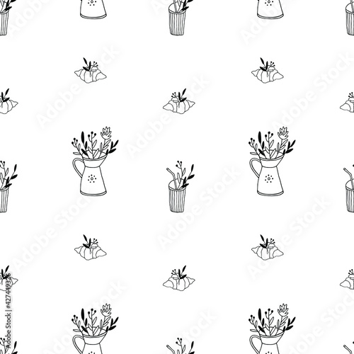 Vector seamless pattern with jug, glass, croissant, flowers. Hand drawn illustration. Colorless ornament contour is perfect for minimal cafe design, menu, card, kitchen wallpaper, fabric textile