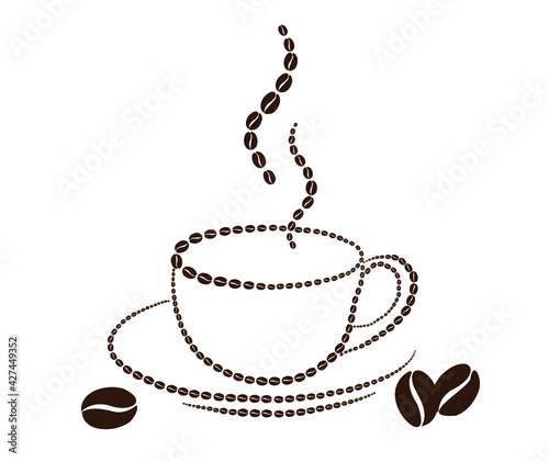A cup of coffee laid out from coffee beans. Vector illustration