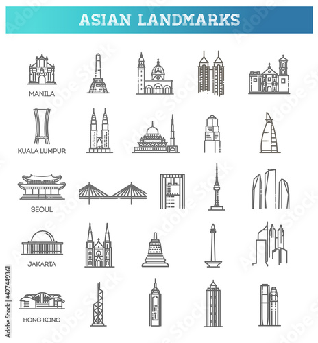 Simple linear Vector icon set representing global tourist asian landmarks and travel destinations for vacations