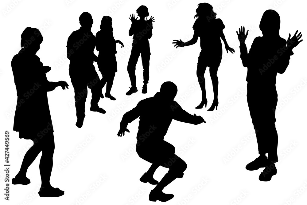 Vector silhouettes of a group of dancing people, men and women in different dance poses. A group of 7 people, 5 girls, 2 guys. A man crouches in a dance. A woman in a dress.