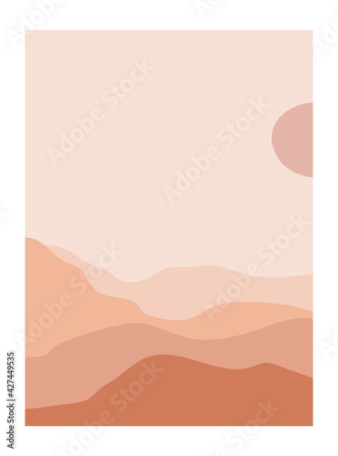 Abstract desert landscape posters. Modern background contemporary boho sun moon mountains minimalist wall decor. Vector