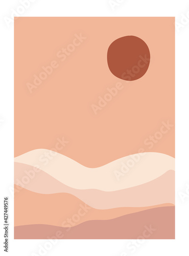 Abstract desert landscape posters. Modern background contemporary boho sun moon mountains minimalist wall decor. Vector