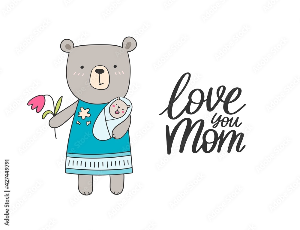 Funny and tired doodle vector mother bear with her little kid. Happy mothers day illustration for gift cards, fashion, presents and others Funny and tired doodle vector mother bear with her little kid. Happy mothers day illustration for gift cards, fashion, presents and others