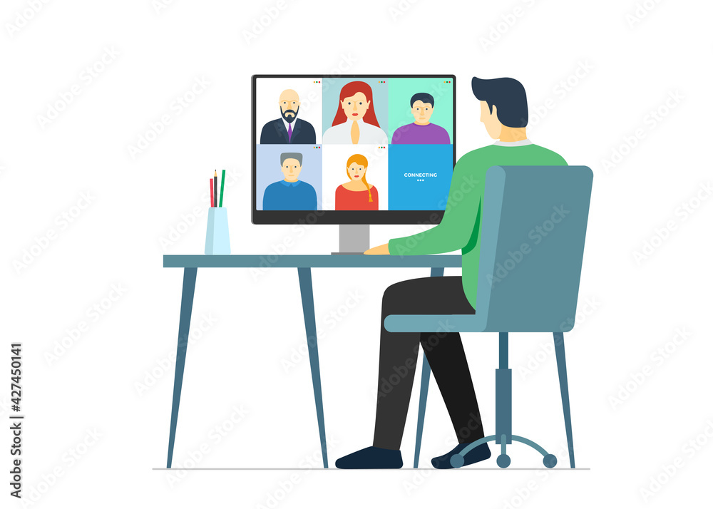 Man using computer with people group on screen taking part online conference. Home work meeting and distance education webinar or videoconference. Video conferencing and remote web communication