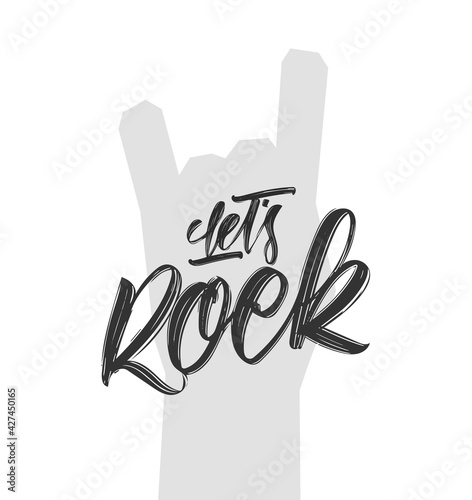 Vector Handwritten brush type lettering of Let's Rock on Heavy metal hand gesture background