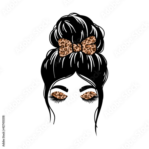 woman face with messy hair in a bun and long eyelashes. Mom life cutfile. vector illustration