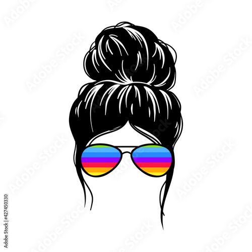 woman face with messy hair in a bun and long eyelashes. Mom life cutfile. vector illustration