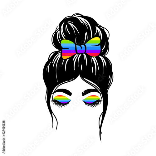 woman face with messy hair in a bun and long eyelashes. Mom life cutfile. vector illustration