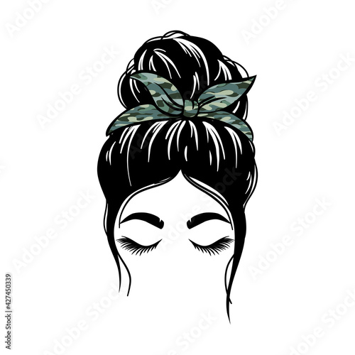 woman face with messy hair in a bun and long eyelashes. Mom life cutfile. vector illustration