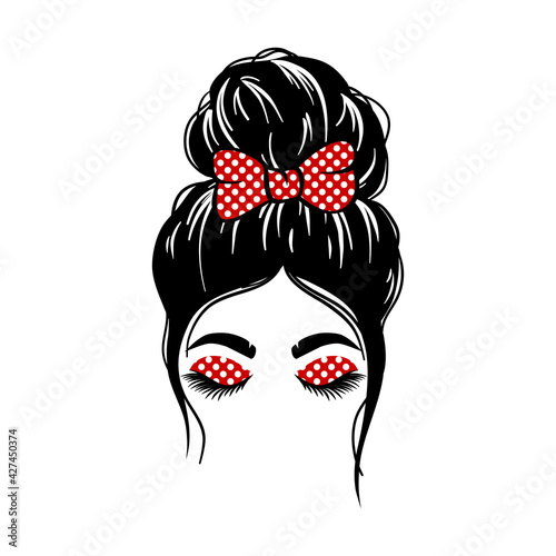 woman face with messy hair in a bun and long eyelashes. Mom life cutfile. vector illustration