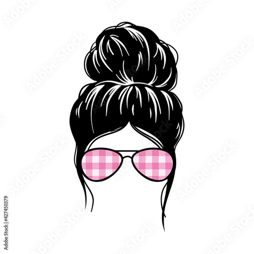 woman face with messy hair in a bun and long eyelashes. Mom life cutfile. vector illustration