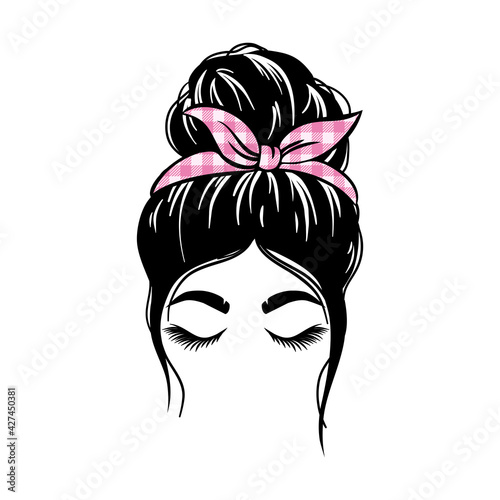 woman face with messy hair in a bun and long eyelashes. Mom life cutfile. vector illustration