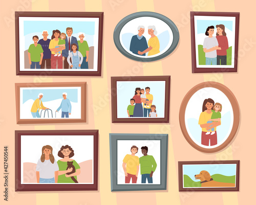 Various framed portraits of family and friends hang on the wall. Diverse moments of life: holidays with relatives, meetings, friendship, old age, love, pet, children.