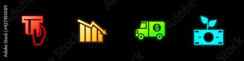 Set Credit card inserted, Financial growth decrease, Armored truck and Money plant the pot icon. Vector