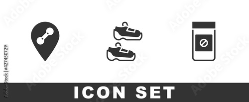Set Location gym, Sport sneakers and Anabolic drugs icon. Vector