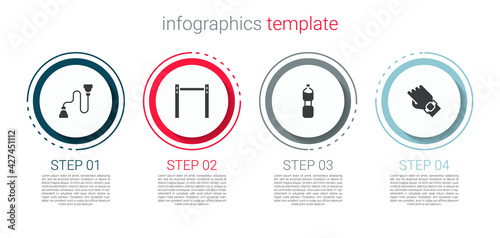 Set Chest expander, Horizontal bar, Bottle of water and Smart watch hand. Business infographic template. Vector