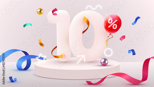 10 percent Off. Discount creative composition. 3d sale symbol with decorative objects, heart shaped balloons, golden confetti, podium and gift box. Sale banner and poster.