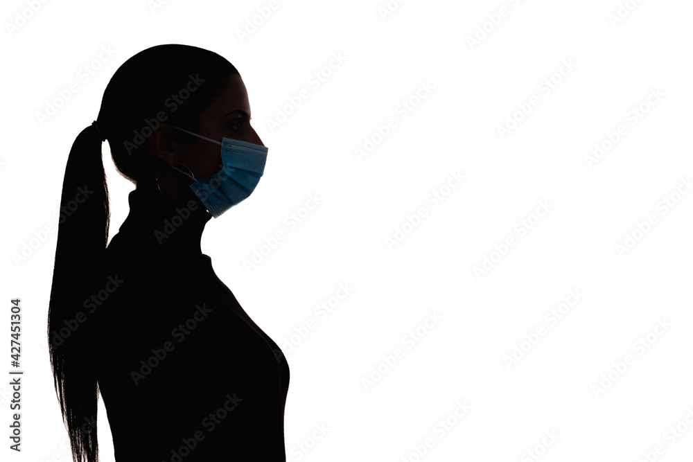 Air pollution. Disease protection. Stay safe. Allergy prevention. Dark silhouette profile woman portrait wearing medicine mask isolated on white copy space. Advertising background.