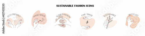 sustainable textile, slow fashion icons and symbols. concept of recycling, up cycling, reuse, hand made, slow fashion, fair trade, responsible manufacturing, eco friendly fabric of clothing.