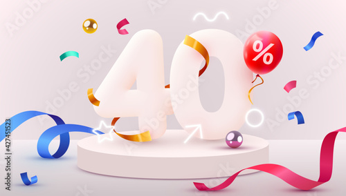 40 percent Off. Discount creative composition. 3d sale symbol with decorative objects, heart shaped balloons, golden confetti, podium and gift box. Sale banner and poster.