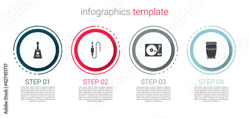Set Balalaika, Audio jack, Vinyl player with vinyl disk and Drum. Business infographic template. Vector