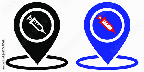 Syringe and location icon. Vaccination sign. The location of the hospital. Vector icon.