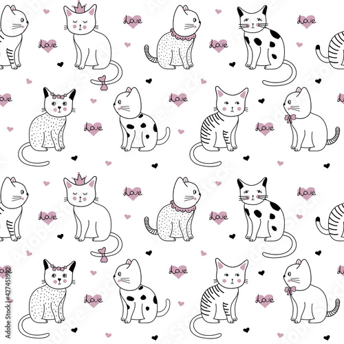 Seamless pattern with funny hand drawn cats. Animals vector illustration with adorable kittens. Tillable background for your fabric, textile design, wrapping paper or wallpaper
