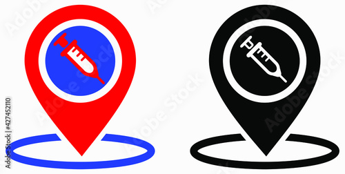 Syringe and location icon. Vaccination sign. The location of the hospital. Vector icon.
