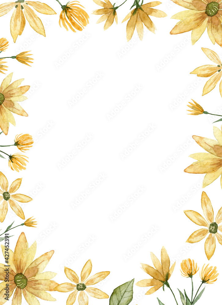 Frame template with copy space in the center. Watercolor yellow flowers