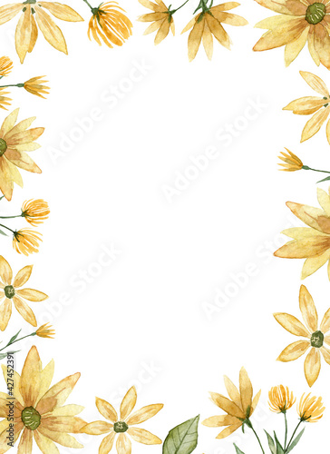 Frame template with copy space in the center. Watercolor yellow flowers