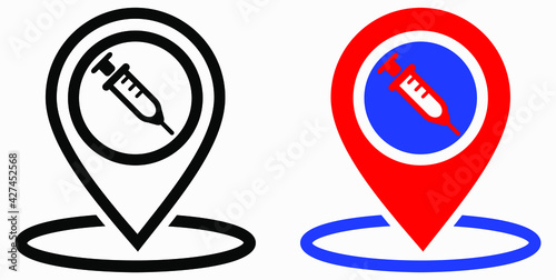 Syringe and location icon. Vaccination sign. The location of the hospital. Vector icon.