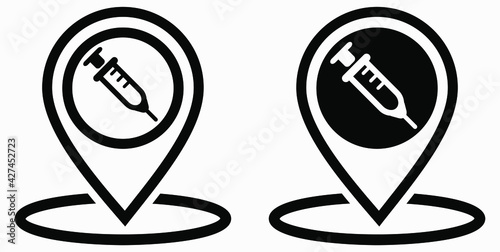 Syringe and location icon. Vaccination sign. The location of the hospital. Vector icon.