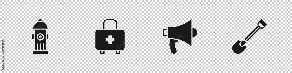 Obraz premium Set Fire hydrant, First aid kit, Megaphone and shovel icon. Vector