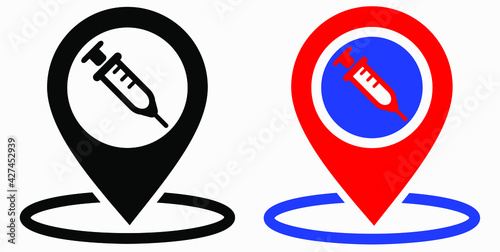 Syringe and location icon. Vaccination sign. The location of the hospital. Vector icon.